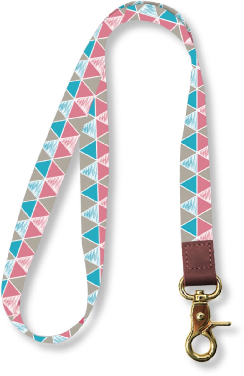 Travel Cords - Keycord Driehoekjes Blauw Roze - lanyard - draaglengte 45 cm - leer - metaal - canvas - sleutelkoord - karabijnhaak goudkleurig - sleutels - pasjes - telefoon