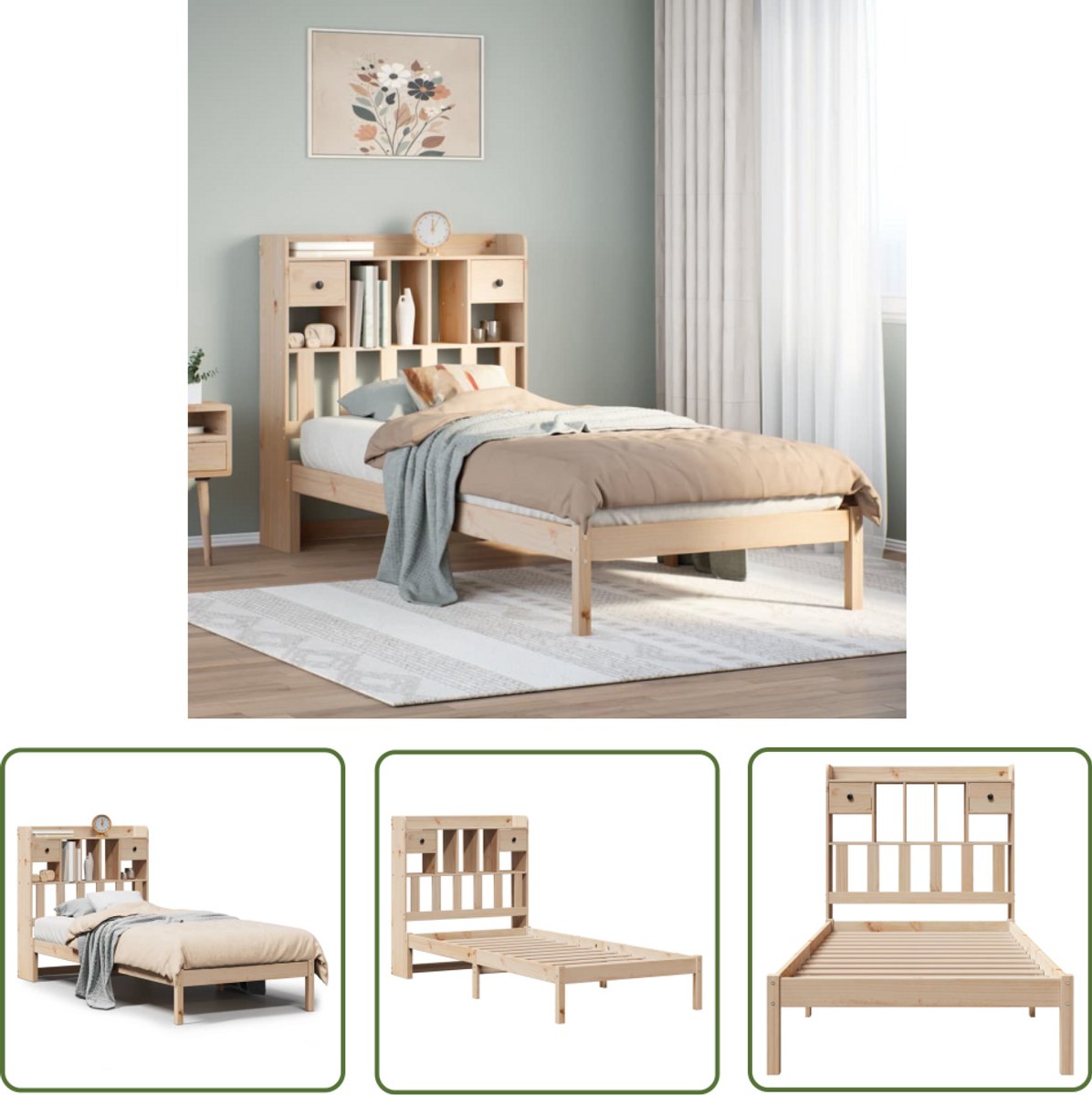 The Living Store Bed met boekenkast zonder matras massief grenenhout 90x200 cm - Boekenkastenbed - Houten Bed - Tweepersoonsbed - Stapelbare Kasten - Compact Bed