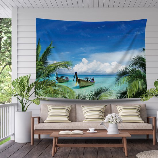 Ulticool - Plage Mer Bateau Palmier Nature - Affiche Tapisserie - 200x150 cm - Groot tapisserie - Affiche Jardin Tapisserie