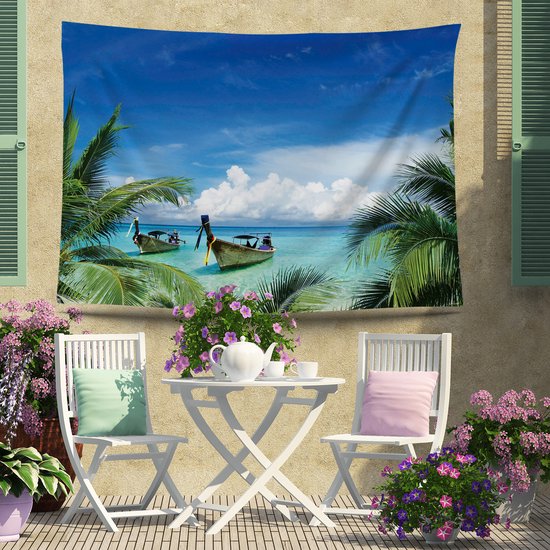 Ulticool - Plage Mer Bateau Palmier Nature - Affiche Tapisserie - 200x150 cm - Groot tapisserie - Affiche Jardin Tapisserie