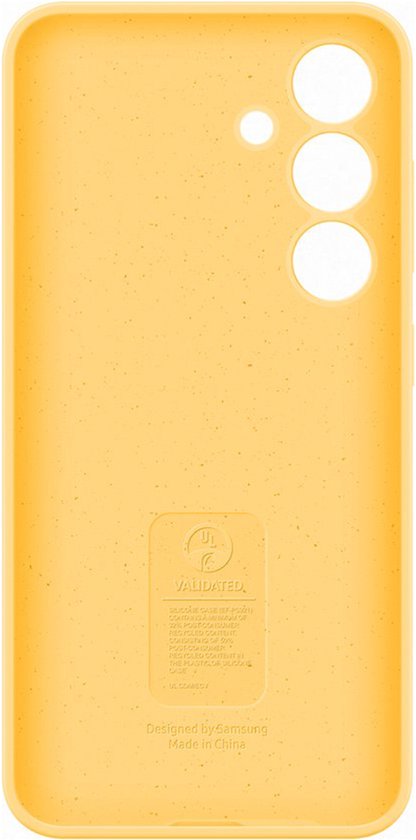Gele Samsung siliconen hoes voor Galaxy S24+ van binnen, met UL Validated logo.