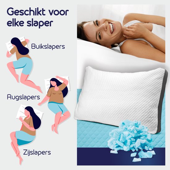 Een witte, gewatteerde hoofdkussen met een grijze rand, naast een vrouw die lacht in bed en illustraties van slaaphoudingen.