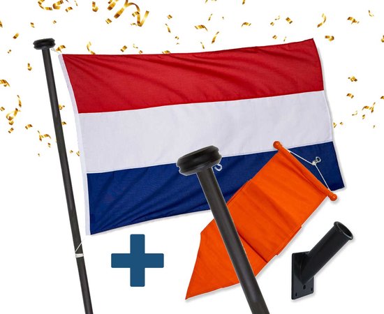 Vlag Voordeelpakket Zwart - Nederlandse vlag met zwarte vlaggenstok - Vlaggenstokhouder - Nederlandse vlag - Oranje wimpel - Complete set