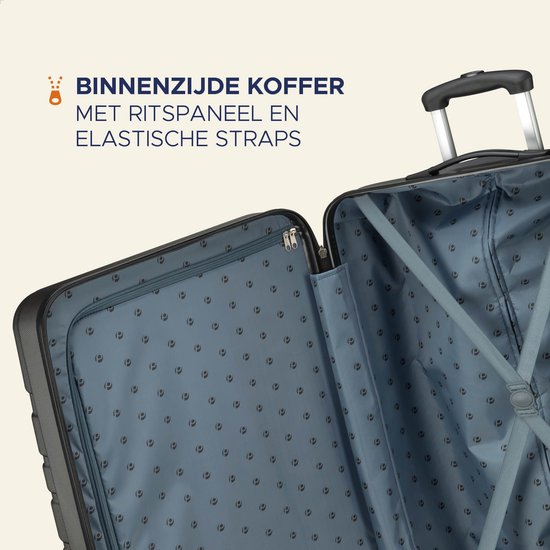 Binnenzijde van een antracietkleurige koffer met ritsvak en elastische straps.