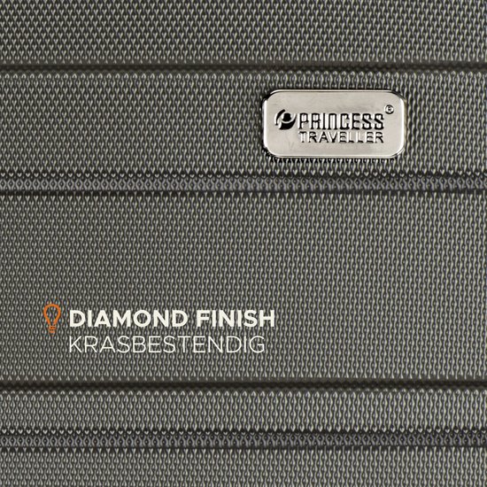Detail van een Princess Traveller koffer met diamantafwerking, krasbestendig.