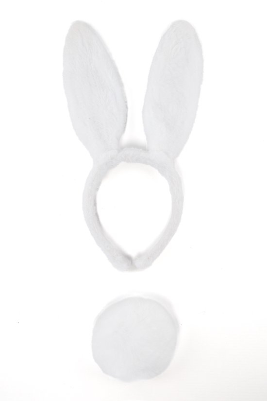Witte konijnenoren diadeem en een wit konijnenstaartje, geïsoleerd op wit.