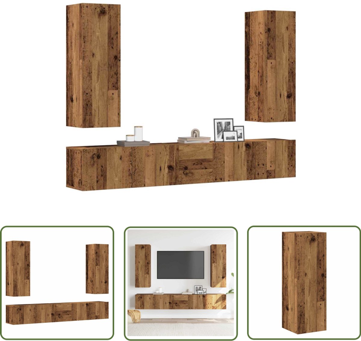 vidaXL Salontafel - Tv Meubel - 5-delig Tv-meubelset wandmontage bewerkt hout oud houtkleurig - Houten Kast - Media Kast - Opbergruimte