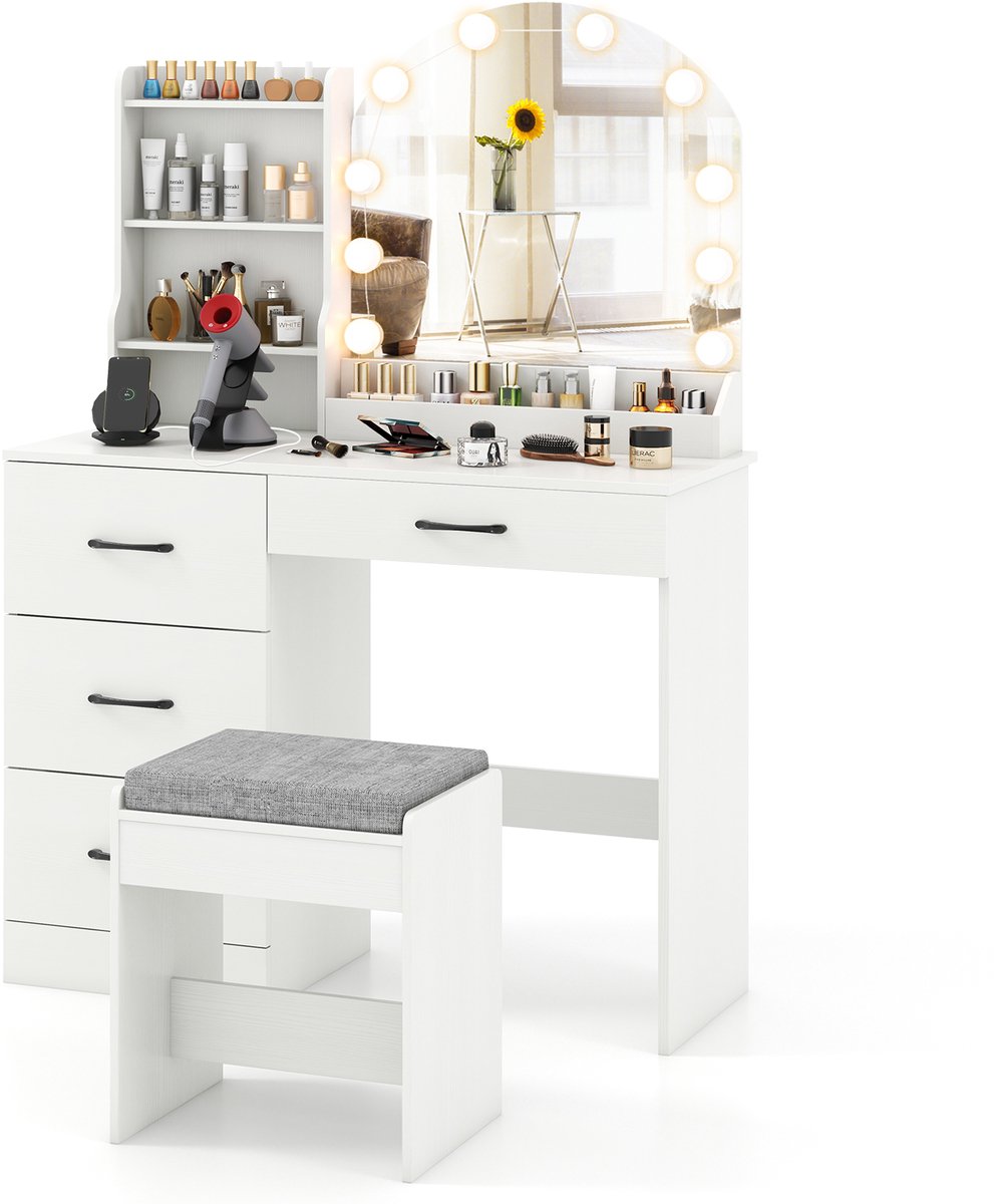 Costway Make-uptafel met ledverlichting, 3 kleuren met instelbare helderheid, kaptafel met laadstation, kruk, spiegel, 4 laden & open planken, cosmeticatafel, wit