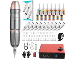 Goodivery® - Tattoo Machine Beginners Set - Tattoo Set - Tattoo Set Compleet - 10 Stuks Tattoo Cartridge Naalden - 14 Inkten - 19x16x14cm - Roze