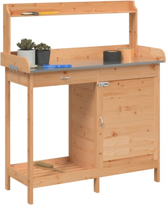vidaXL Table de rempotage avec armoire 110,5 x 45 x 124,5 cm Bois de pin massif Marron - Table de rempotage - Tables de remportage - Table de jardin - Table de rempotage