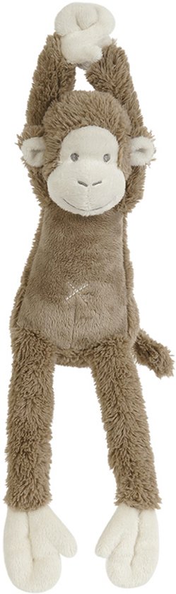 Bruine knuffelaap met lange armen en benen, hangend aan de armen. Witte handen en voeten.