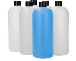 6 x 1000 ml ronde fles HDPE naturel + Schroefdop zwart - BPA Vrij - Niet Breekbaar - Plastic Flesjes Navulbaar - Met Dop - Lege Flessen - 6 stuks.
