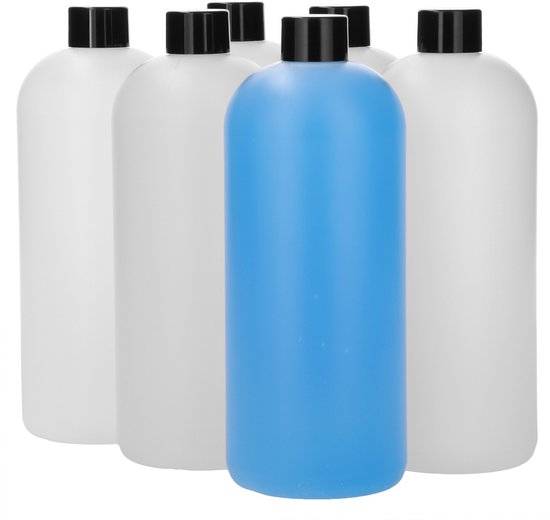 6 x 1000 ml ronde fles HDPE naturel Klepdop Zwart - BPA Vrij - Niet