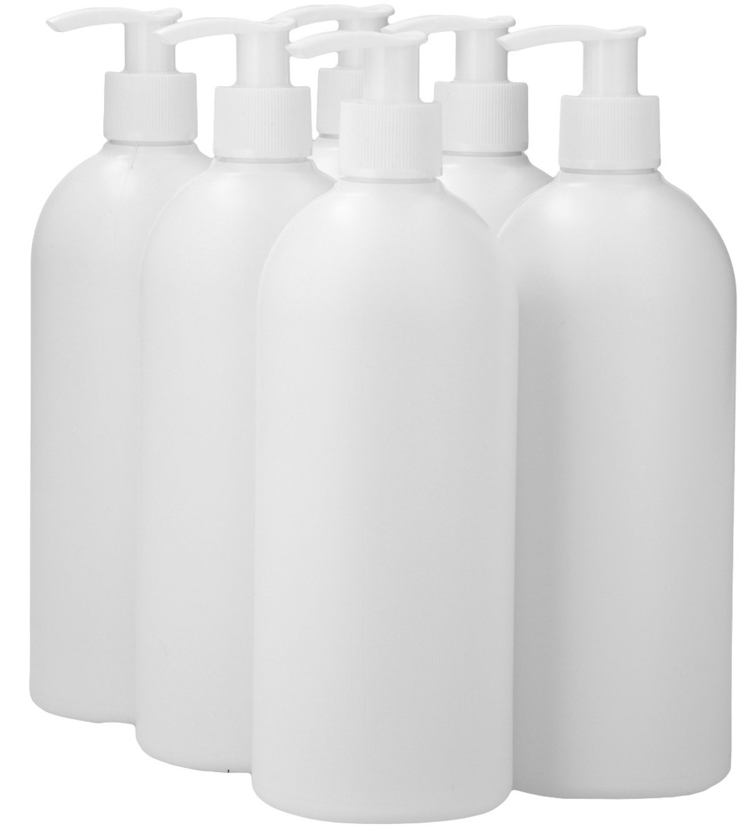 6 x 500 ml ronde fles HDPE wit + Zeepfles Dispenserpomp wit - BPA Vrij - Niet Breekbaar - Plastic Flesjes Navulbaar - Met Dop - Lege Flessen - 6 stuks