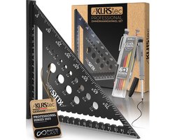 KLRStec® Professionele Timmermans Winkelhaak + Markeerpotlood Set - hoogwaardige speed square inclusief bouwpotlood [+ navullingen] - Metalen blokhaak, meetdriehoek set