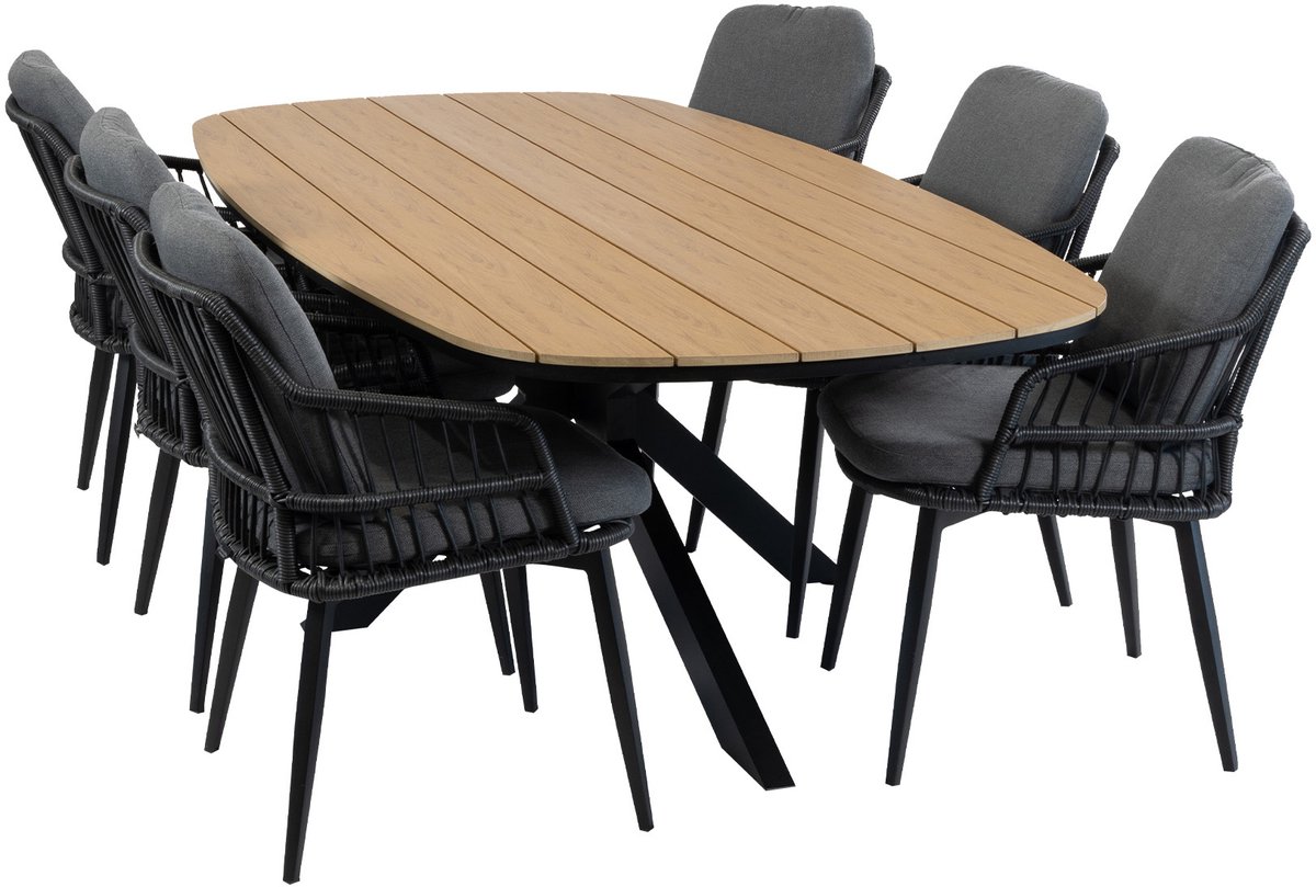 7-delige tuinset | 6 Isabel tuinstoelen (Black) | Tuintafel Cadiz 240x115cm (Black)