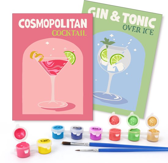 Rubye® Schilderen Op Nummer Volwassenen – Gin Tonic - Cocktails – Inclusief Verf en Penselen – Canvas Schildersdoek - Kleuren op Nummer - Dubbele Set - 15x20cm