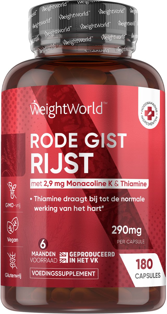 Goedkoopste WeightWorld Rode Gist Rijst capsules - Met Q10 en vitamine B1 (thiamine) - 290 mg - Levert 2,9 monacoline K - 180 capsules voor 6 maanden