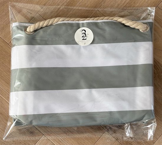 Twenty Two XL strandtas met ritssluiting | binnenvakken en zijvakken| dubbeltouw handvat | legergroen/wit/beige gestreept | grote strandtas | 50x15x37cm | waterdicht | lichtgewicht | geschikt als strandtas, yogatas, weekendtas, zwemtas, big shopper