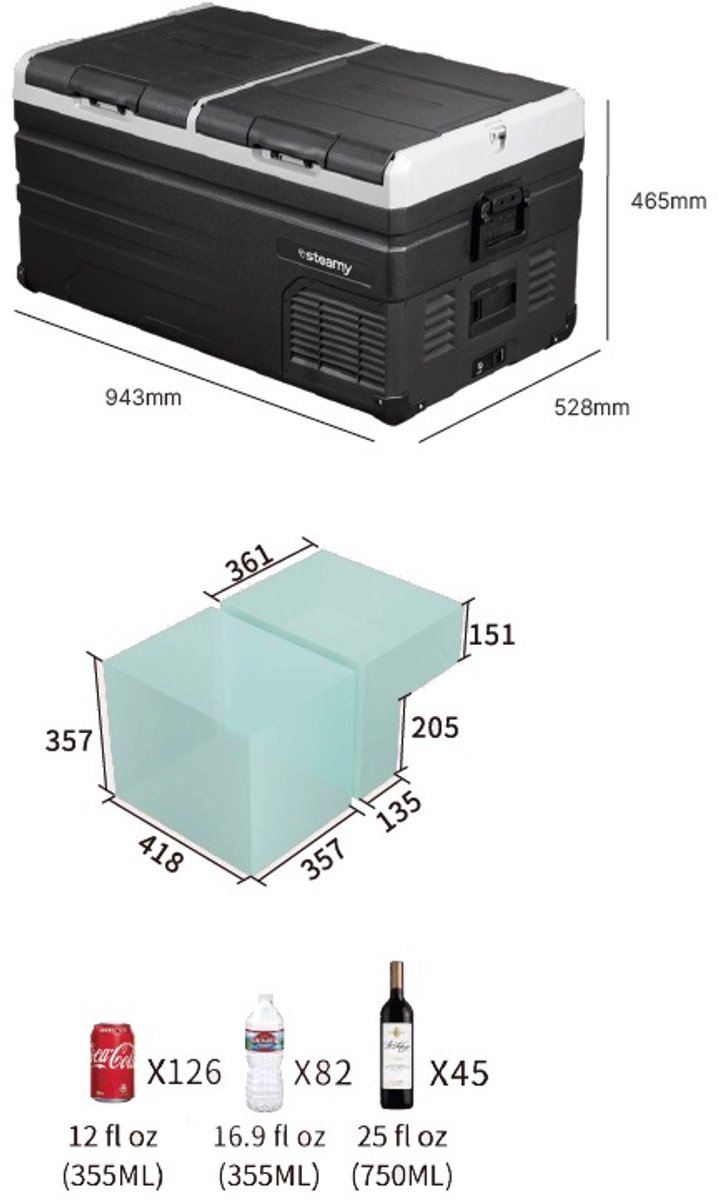 Steamy-E Dual Zone Elektrische Compressor Koelbox - Dual Zone - 90 liter - 12V en 230V - voor auto en camping - Zwart – foto 4