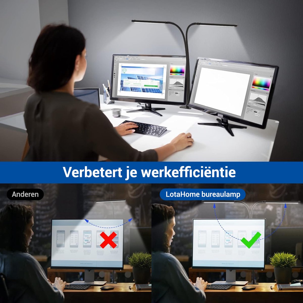 LotaHome Bureaulamp LED Dimbaar - Dubbele Flexibele Klemlamp thumbnail 3