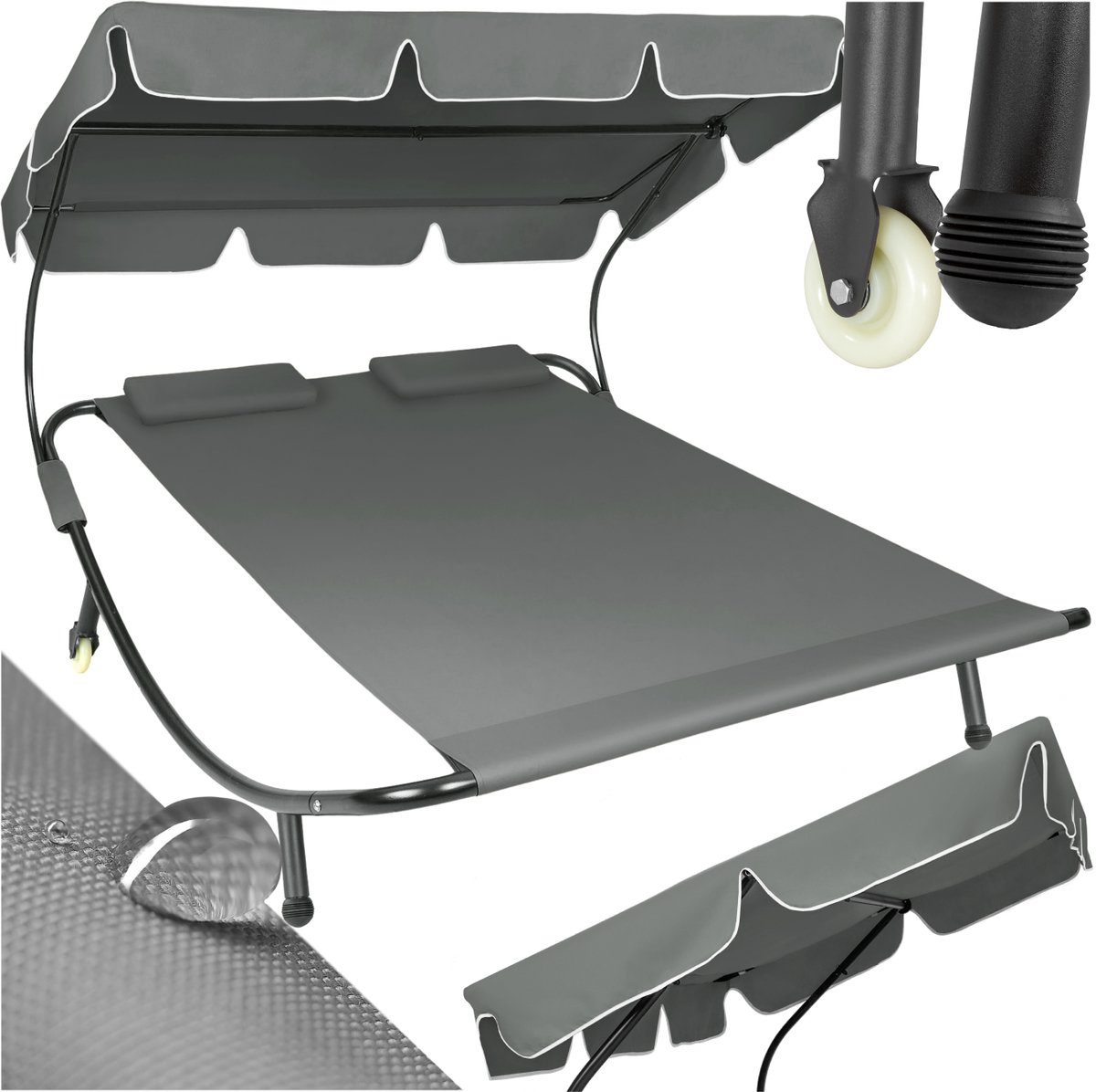 tectake® - Ligbed Livorno voor 2 personen - Zonnebed Ligstoel - Met zonnedak - XL-ligbed - Met wieltjes en hoofdkussens - grijs