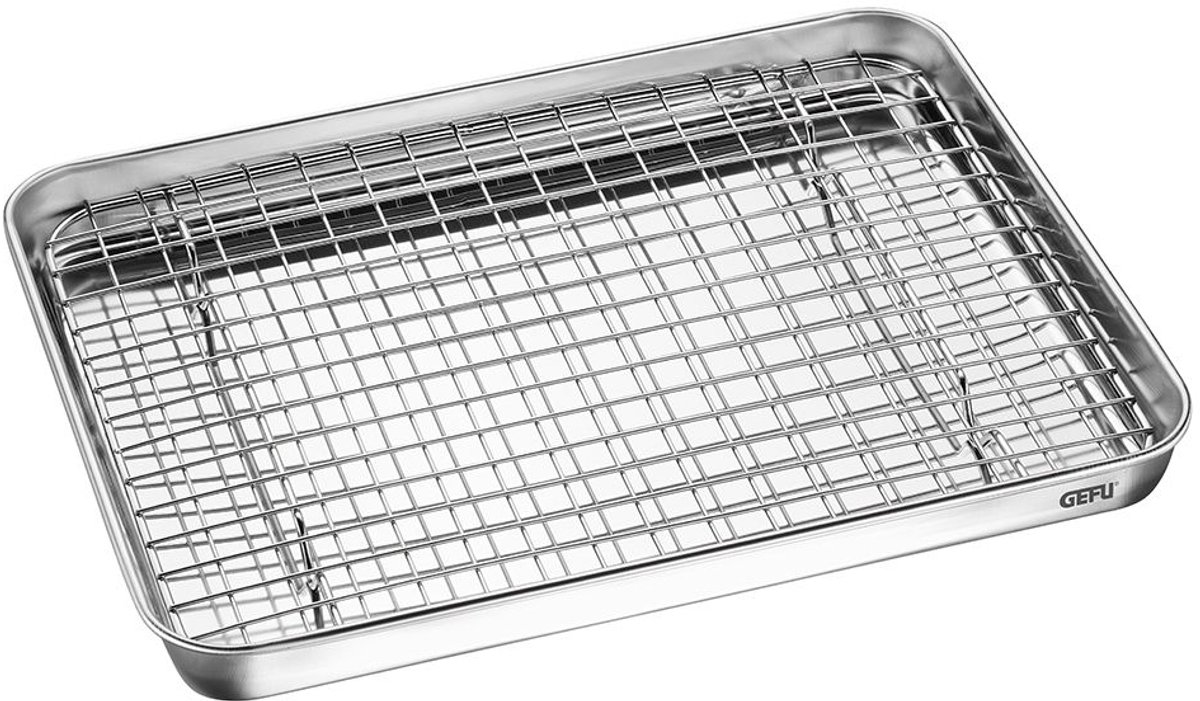 GEFU VARIADO Universele Baktray met Rooster – RVS – 31,5 x 24,5 cm – Uitneembaar Rooster – Vaatwasserbestendig