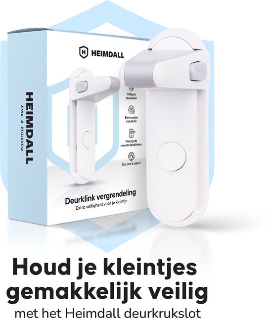 Heimdall deurklinkvergendeling in wit en grijs, met een pak met "Kind & Veiligheid" tekst.