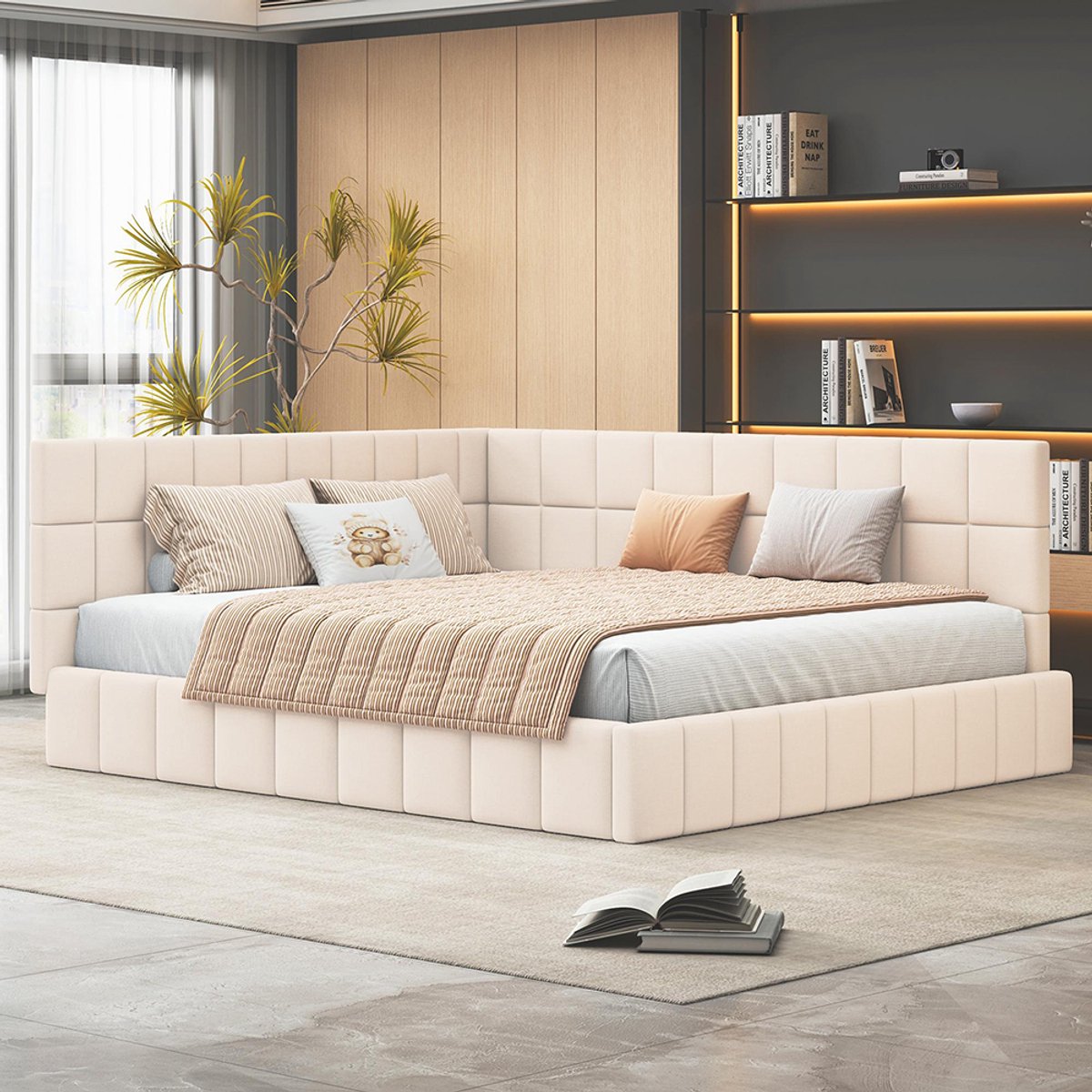 KOMHTOM Kinderbed Dubbel bed Gekleurd sofa bed 160x200 cm bed met lattenbodem fluweel beige