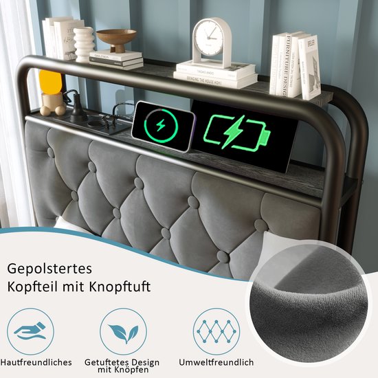 Polsterbett - Einzelbett - avec chargement USB Type C Fonction de chargement - APP-Control LED Bettgestell - Metallbett - 90x200 - Bettrahmen - 2 étagères - Samt - Sans Matras