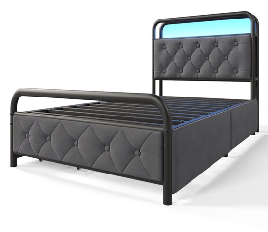 Polsterbett - Einzelbett - avec chargement USB Type C Fonction de chargement - APP-Control LED Bettgestell - Metallbett - 90x200 - Bettrahmen - 2 étagères - Samt - Sans Matras