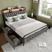 Polsterbett - Doppelbett - avec chargement USB Type C Fonction de chargement - APP-Control LED Bettgestell - Metallbett - 160x200 - Bettrahmen - 4 étagères - Samt - Sans Matras