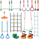 Ninja Warrior Hindernisbaan voor Kinderen, 2 x 20 m Weerbestendige Slacklines, Oranje Riem, Max. 226.8 kg Draagvermogen, Veilig en Kindvriendelijk