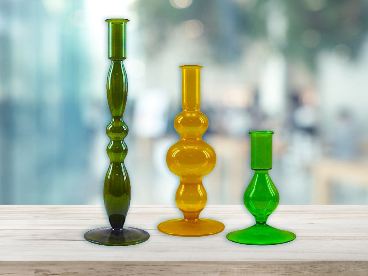 by Mooss - Kandelaar - set van 3 - Groen - Okergeel - Donkergroen - Glas - Kaarsenhouder