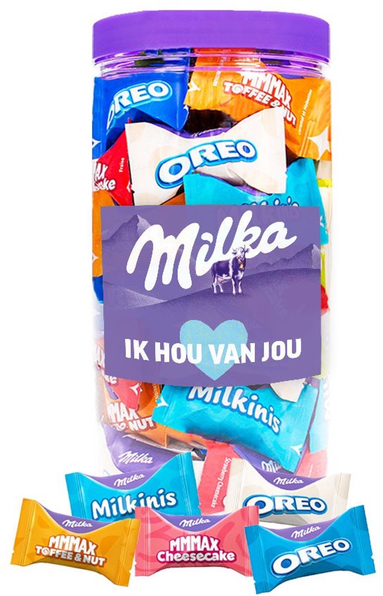 Milka Favourites chocolademix "Ik hou van jou" - 5 smaken - Toffee Nut, Oreo, Oreo White, Cheesecake & Milkini - valentijnscadeau - liefdescadeau - 500g