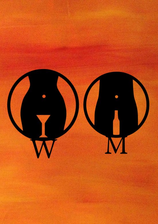 Djemzy - panneau de porte - panneau de toilette - panneau de toilette - bois - Panneau de Toilettes bière et vin avec M et W - noir - 6mm mdf