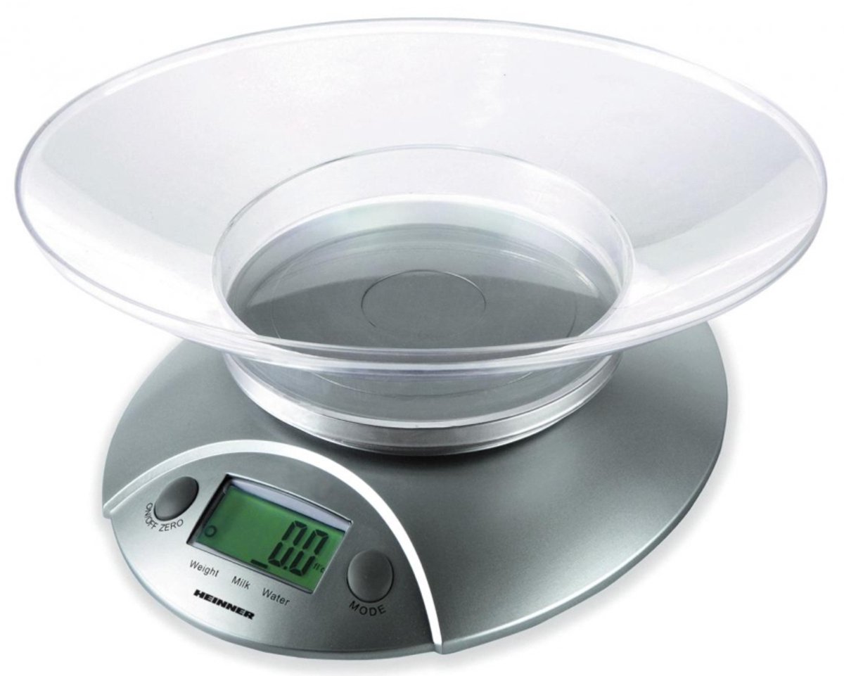 Heinner Digitale Keukenweegschaal met Kom – Maximaal 5 kg – Water- en Melkvolume – Tarrafunctie – LCD-display – Automatische Uitschakeling – Zilver/Transparant