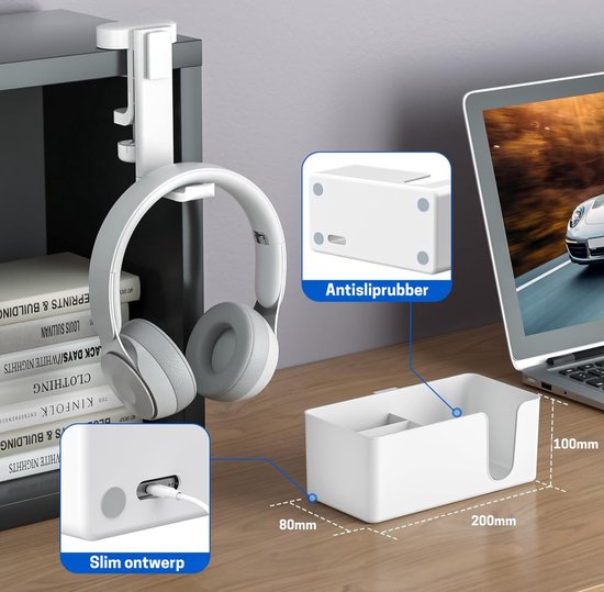 Porte-casque et porte-gobelet StayPowered 4 en 1 - Gardez votre bureau organisé - Rotatif à 360° - Opbergbox amovible - Installation facile - Design antidérapante - Gestion des câbles - Wit - Livré plus rapidement qu'indiqué !