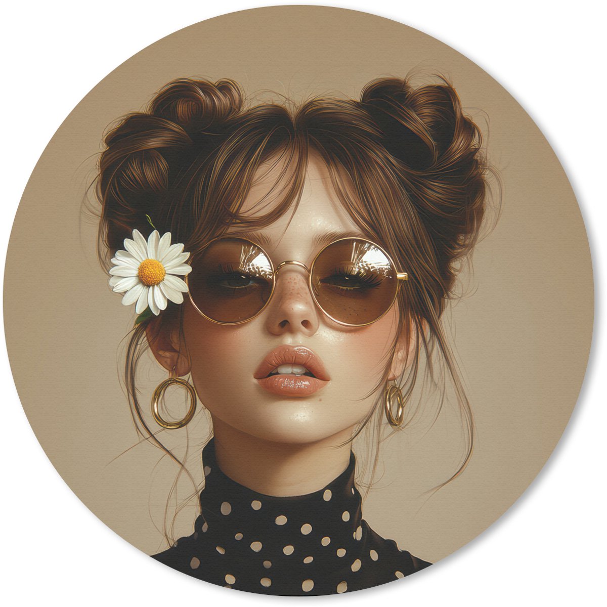 Muismat rond 50x50 cm - Mousepad Vrouw - Beige - Bloem - Modern - Portret - Ronde muismatten