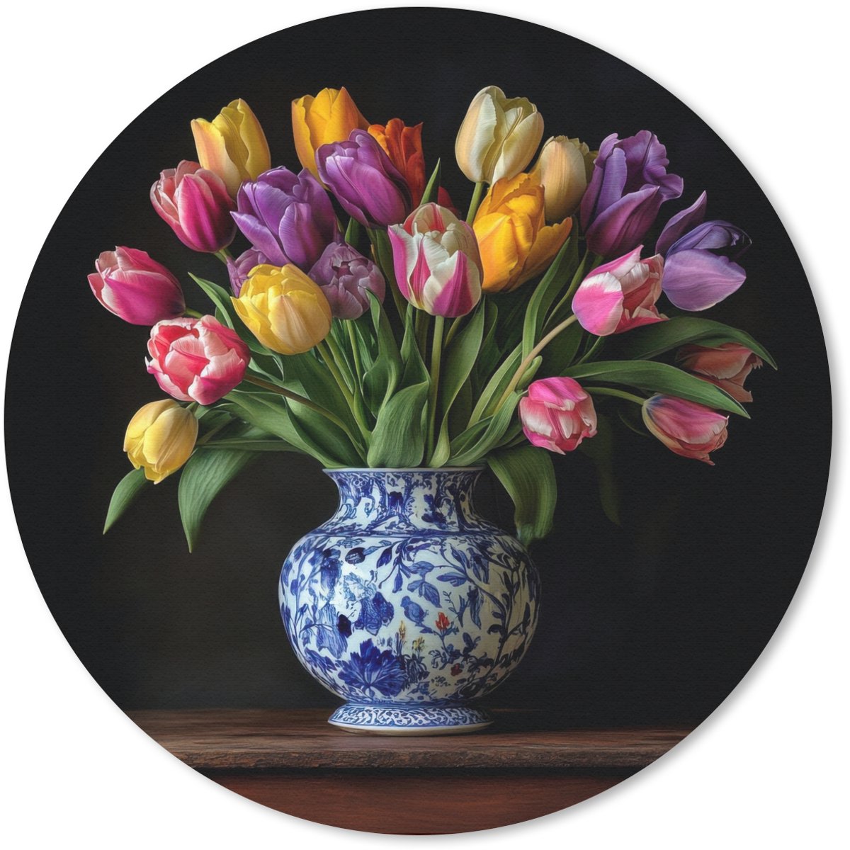 Muismat rond 30x30 cm - Mousepad Tulpen - Kleuren - Hout - Vaas - Ronde muismatten