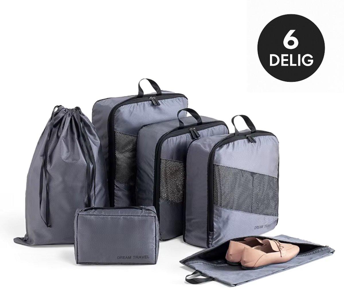 Packing Cube Set – Travel – 6-Delige Reisset – Bagage – Koffer Organizer met Schoenentas & Waszak – Lichtgewicht & Waterdicht – Grijs