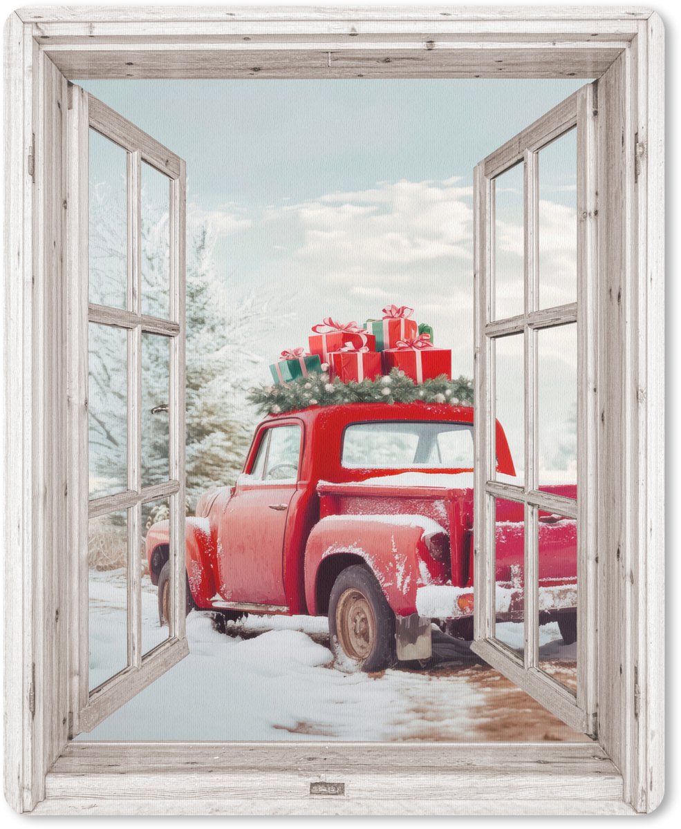 Muismat 19x23 cm - Mousepad Auto - Rood - Cadeaus - Winter - Kerst - Doorkijk - Wit - Muismatten