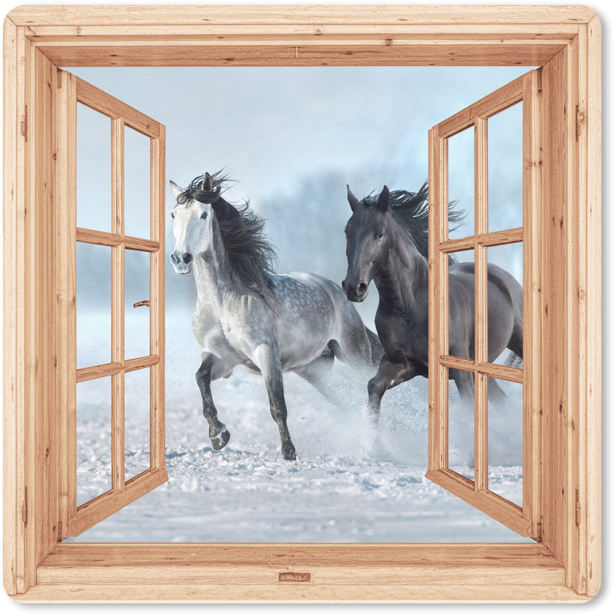 Muismat 20x20 cm - Mousepad Doorkijk - Paarden - Winter - Dieren - Natuur - Hout - Muismatten