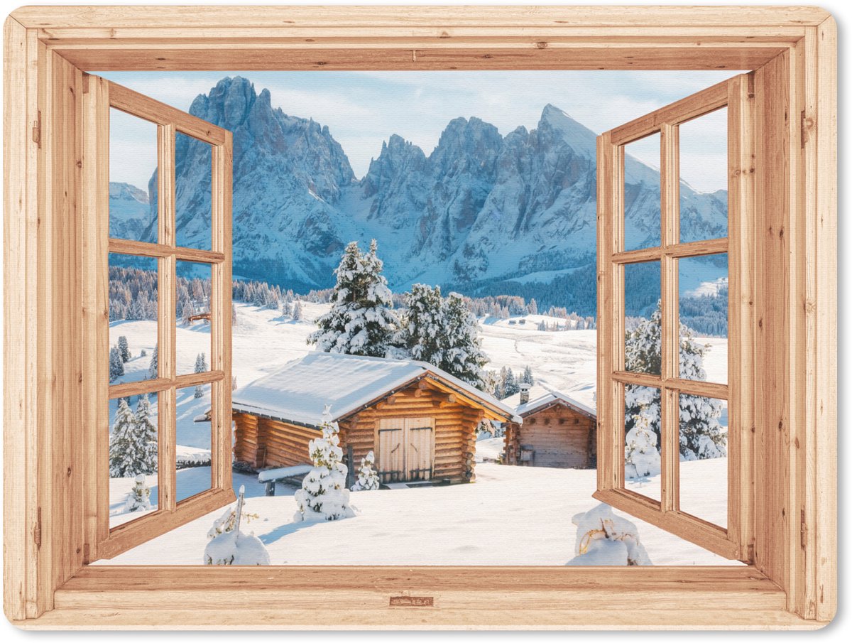 Muismat 23x19 cm - Mousepad Doorkijk - Winterlandschap - Huisje - Bergen - Uitzicht - Muismatten