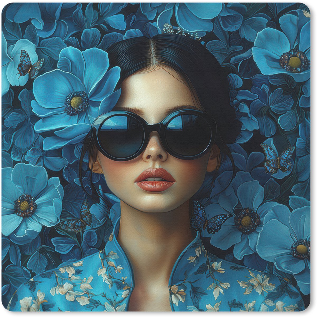 Muismat 20x20 cm - Mousepad Vrouw - Bloemen - Blauw - Aesthetic - Luxe - Muismatten