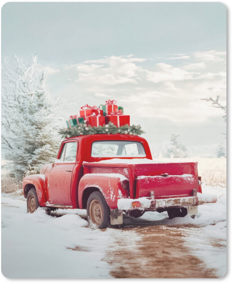 Muismat 19x23 cm - Mousepad Auto - Rood - Cadeaus - Winter - Sneeuw - Kerst - Muismatten