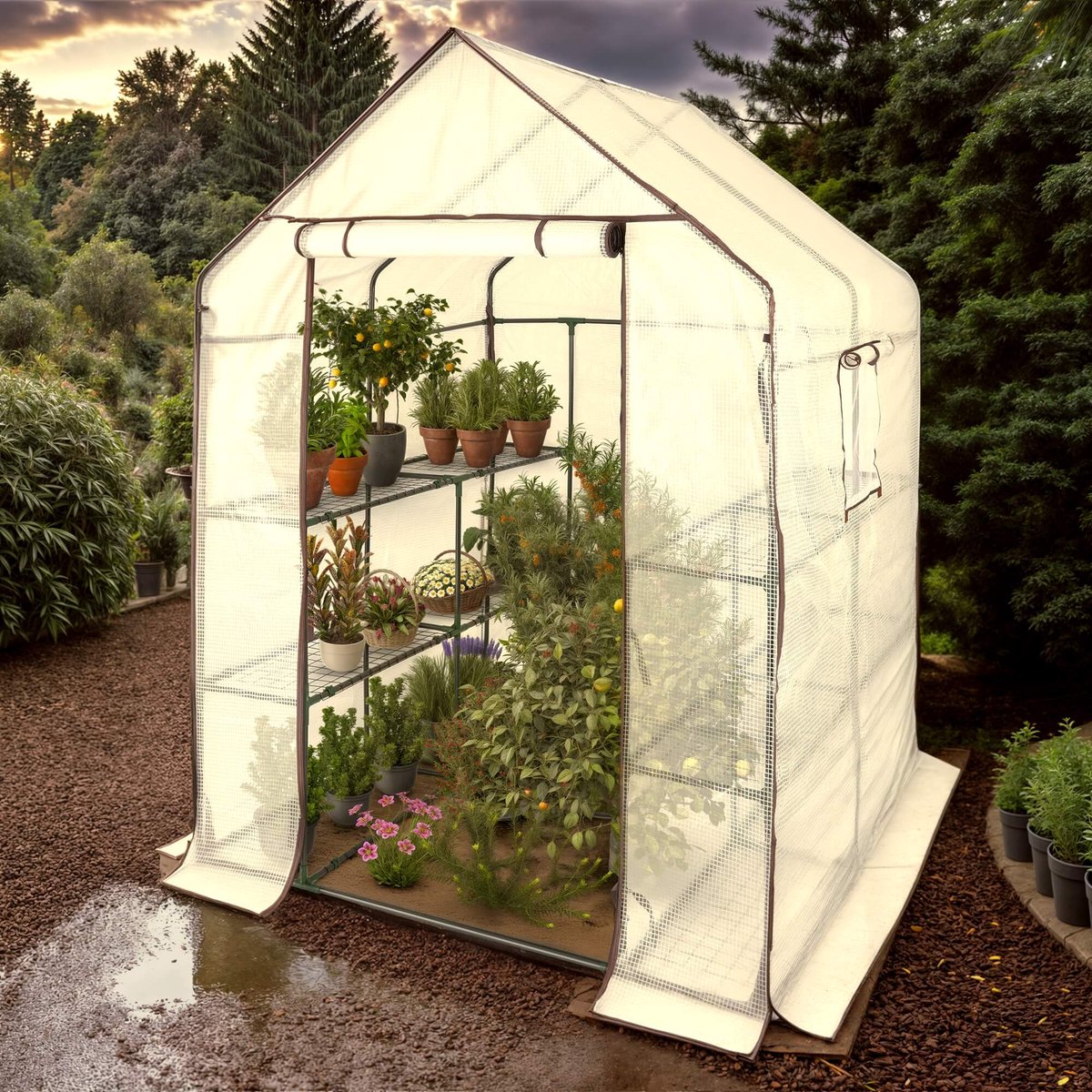 AREBOS Premium foliedrivhus 3 niveauer, drivhus, køleramme 143x143x195 cm