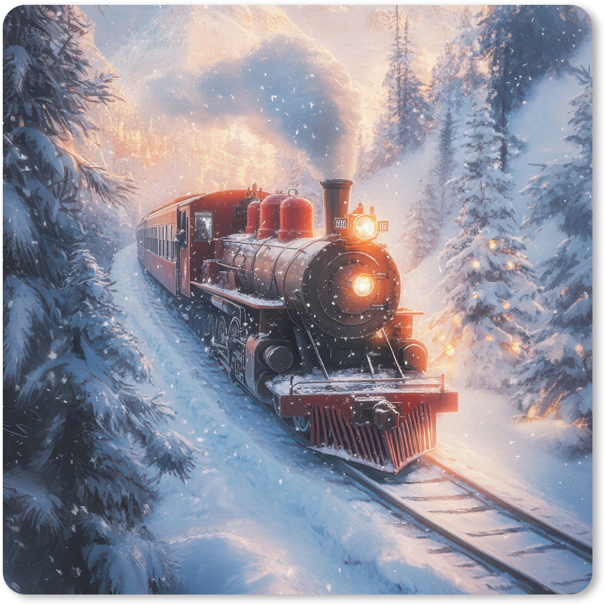 Muismat 20x20 cm - Mousepad Kersttrein - Sneeuw - Winter - Kerst - Muismatten