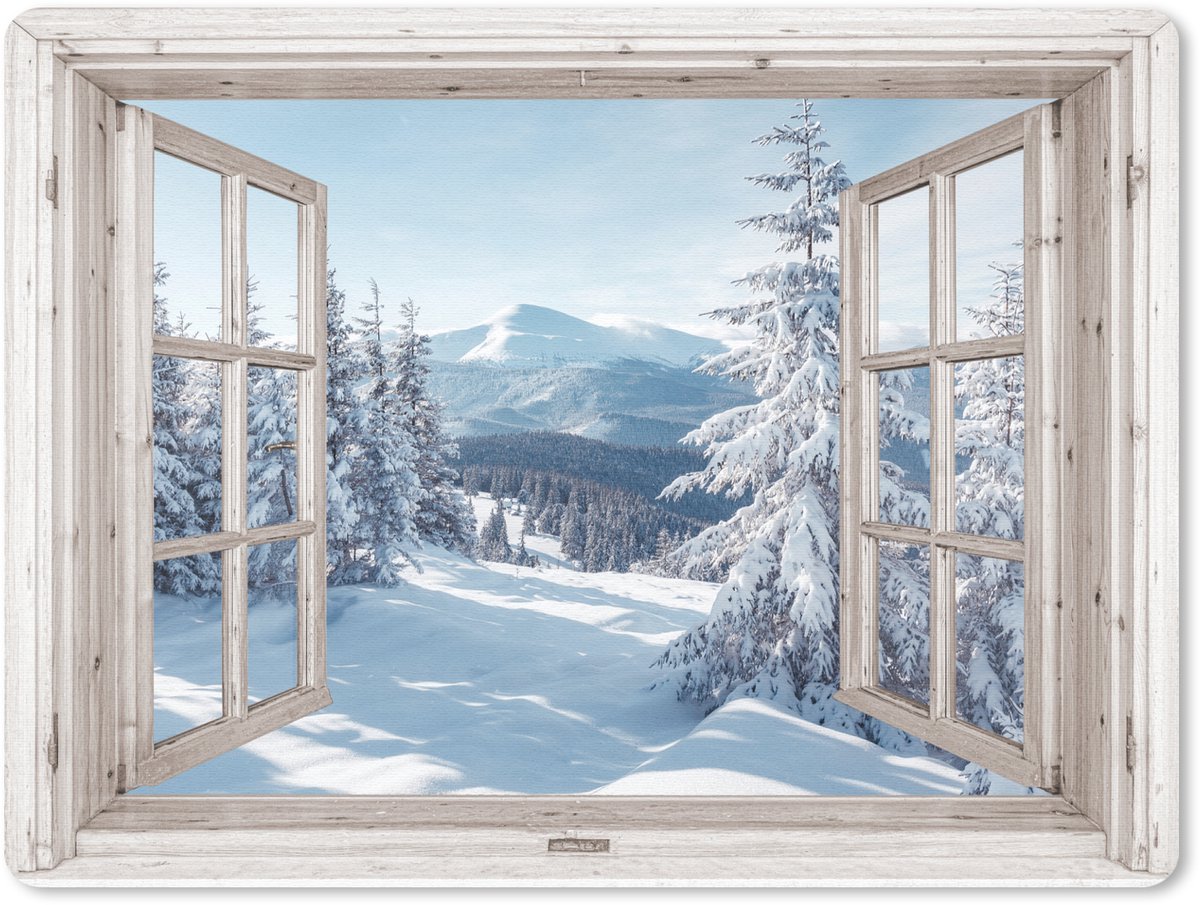 Muismat 23x19 cm - Mousepad Doorkijk - Winter - Landschap - Natuur - Berg - Bomen - Wit - Muismatten