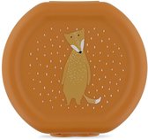 Ronde, oranje snackdoos met een print van een staande vos en witte stippen.